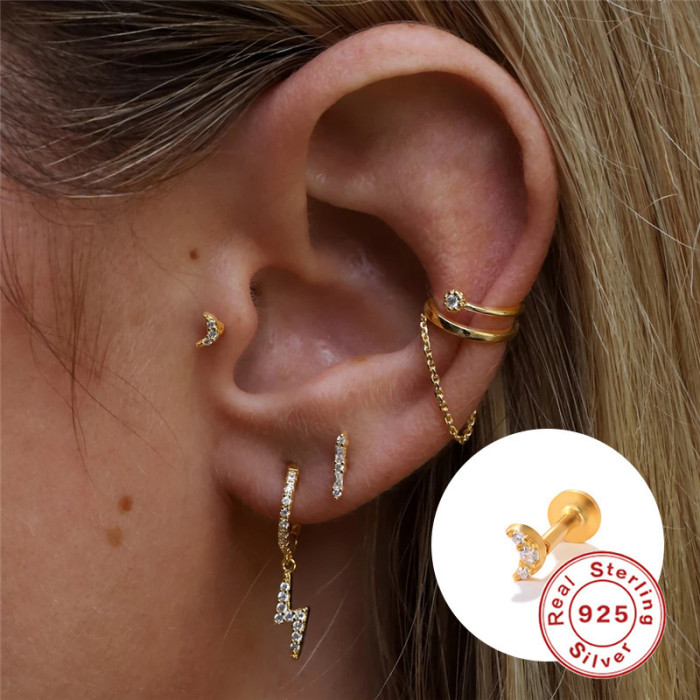 S925 Sterling Silver Moon Inlaid Diamond Piercing Ear Cuff Earrings European and American Hot Selling INS Flat Head Threaded Piercing Cartilage Stud Earrings