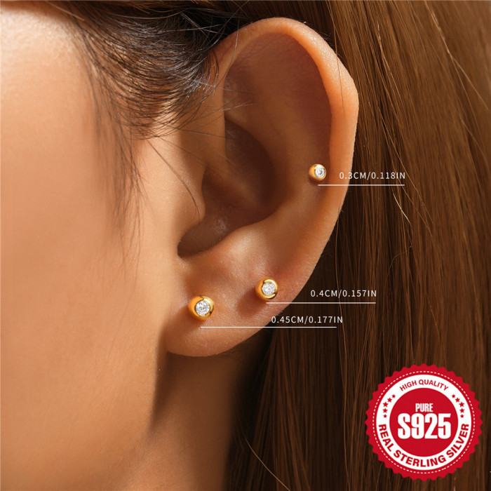 New 25 Sterling Silver Bead Inlaid Diamond Round Bead Earrings Set European and American Hot-Selling Elegant Ins Style Earrings Accessories