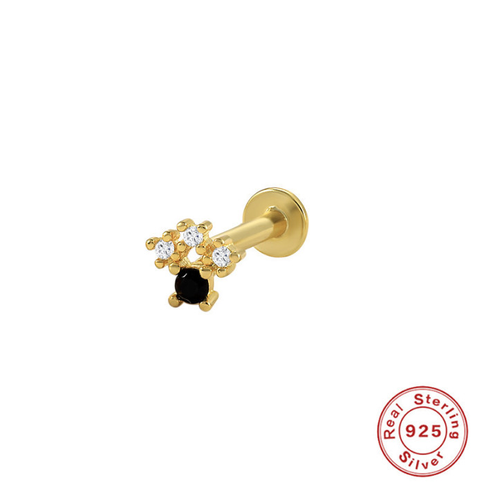 S925 Sterling Silver Geometric Diamond-Studded Pearl Ear Bone Stud Ear Cartilage European and American INS Style Flat Head Threaded Body Piercing Ear Jewelry