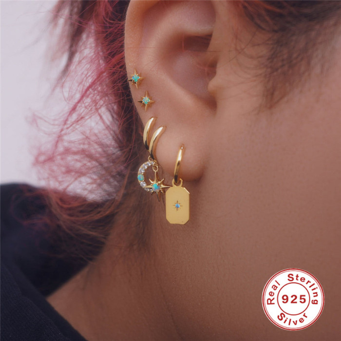 S925 Sterling Silver Octagonal Inlaid Diamond Opal Earrings Korean and Japanese Style Elegant Opal Minimalist Earrings