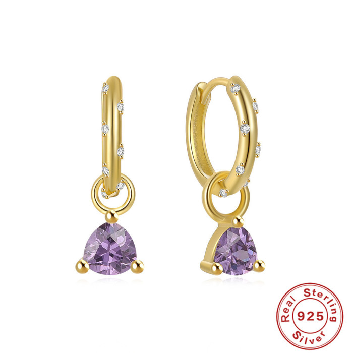 S925 Sterling Silver Personality Three-Claw Colored Diamond Earrings Hoop Earrings Ear Clips Earrings European and American Style Trendy INS Minimalist Style Earrings