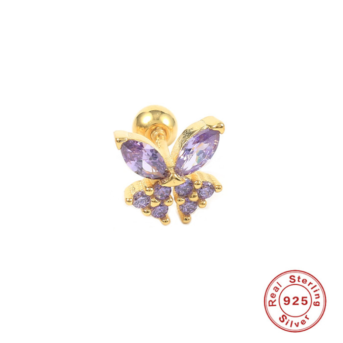 S925 Sterling Silver Single Butterfly Screw Ear Bone Stud Cross-Border Creative Fashion Earrings Piercing Jewelry