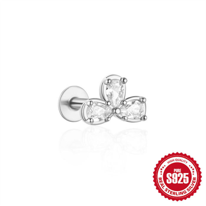 925 Sterling Silver Bowknot Triangle Inlaid Diamond Flat Head Piercing Ear Bone Stud Earrings European and American Hot Selling INS Minimalist Style Earrings