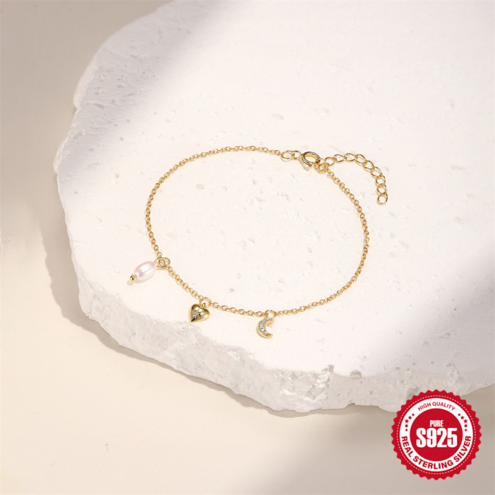 S925 Sterling Silver Exquisite Heart Moon Pearl Layered Versatile Bracelet Korean Style Niche Design High-end Feel Je...