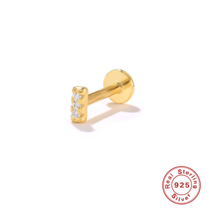 S925 Sterling Silver Single Row Three Diamond Piercing Stud Earrings Korean and Japanese Trendy Ins Flat Head Threaded Piercing Cartilage Stud Earrings