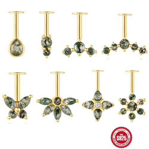 S925 Sterling Silver Geometric Natural Water Grass Moss Agate Flat Head Threaded Vertical Piercing Ear Bone Stud European and American Hot-Selling Model