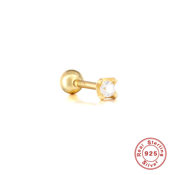 S925 Sterling Silver INS Style Single Diamond Geometric Inlaid Piercing Jewelry Threaded Earrings Elegant Ear Bone Studs European and American Hot Sale