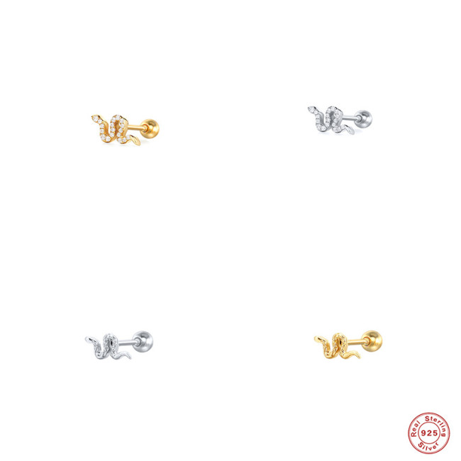 S925 Sterling Silver Mini Snake Diamond-Studded Piercing Threaded Earrings Ear Jewelry European and American Trendy INS Style Creative Ear Bone Studs
