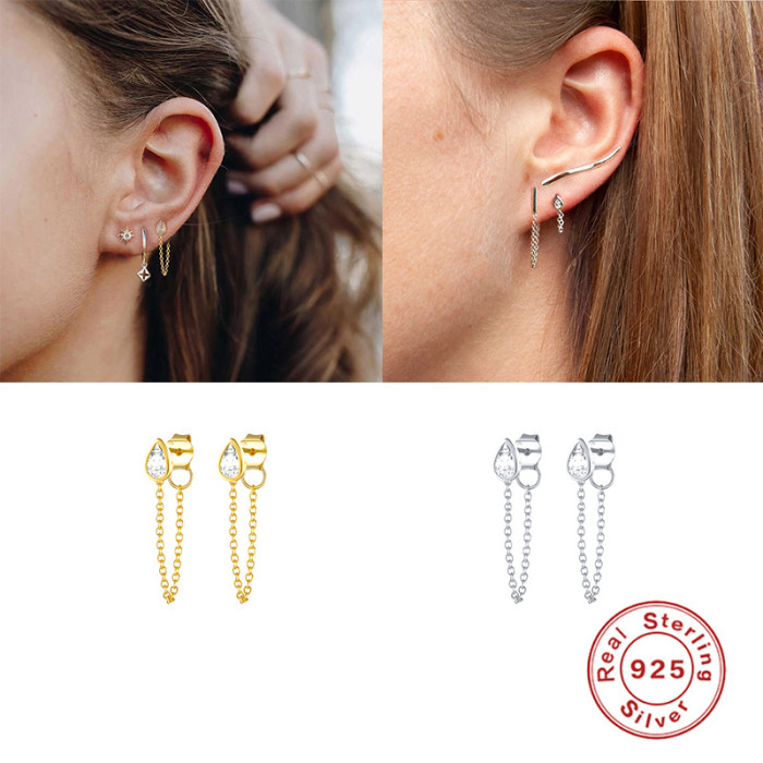 S925 Sterling Silver Minimalist Chain Back Hanging Earrings Japanese and Korean Simple Versatile Water Drop Inlaid Diamond Elegant Earrings for Women