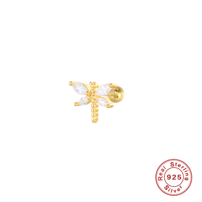 S925 Sterling Silver Geometric Dragonfly Zircon Spiral Cartilage Stud Piercing Ear Cuff Earrings European and American Hot Selling Creative Earrings for Women