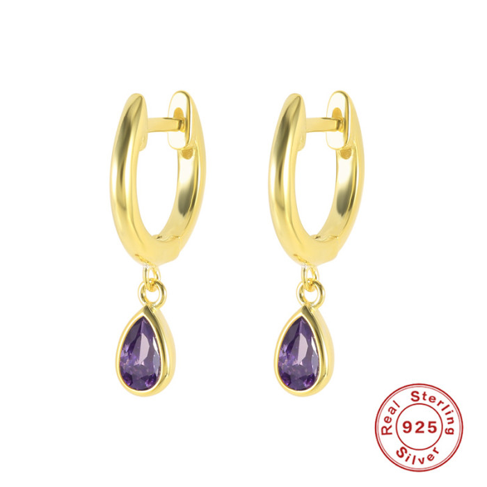 S925 Sterling Silver Geometric Water Drop Zircon Earrings Ear Clips INS Style Inlaid with Colored Stones Hoop Earri...