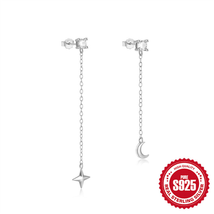 S925 Sterling Silver Simple Stone-Encrusted Chain Tassel Star Moon Earrings Stud Earrings Korean and Japanese Style...