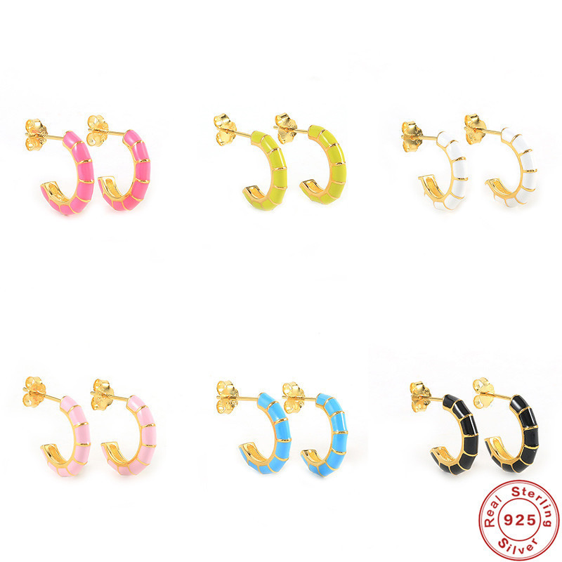 S925 Sterling Silver Earrings C-shaped Colorful Ear Clips Ear Cuffs Cross-border Hot-selling Fashion Handmade Oil Drop European and American Creative Earrings