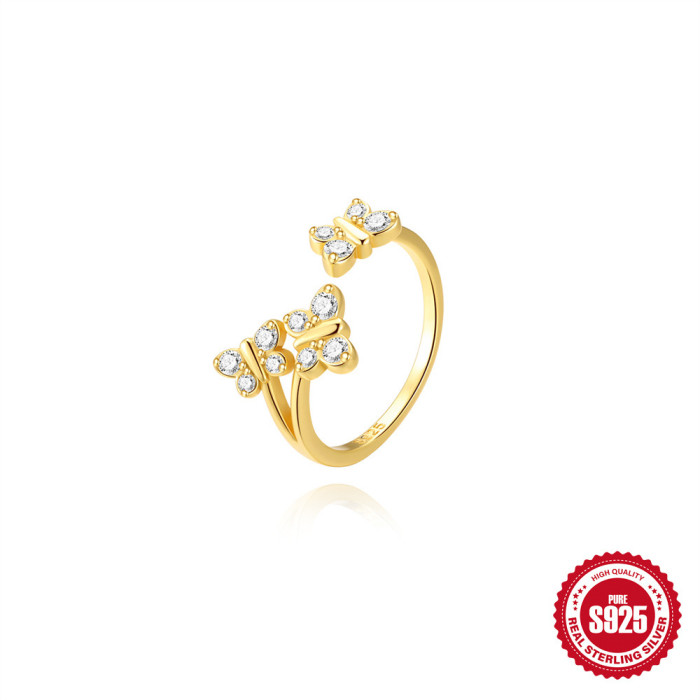 S925 Sterling Silver Zircon Classic Butterfly Simple Open Regular Ring Korean Version Niche Design Index Finger Ring