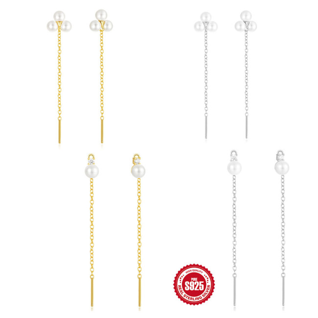 New 925 Sterling Silver Diamond-Studded Pearl Tassel Earrings Ear Thread Earrings Korean and Japanese Niche High-End INS Minimalist Earrings for Women
