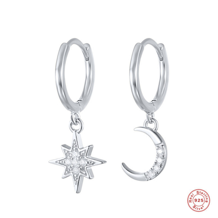 S925 Sterling Silver INS Style Star and Moon Asymmetric Earrings European and American Light Luxury Fashion Versatile Creative Ear Cuffs Ear Jewelry
