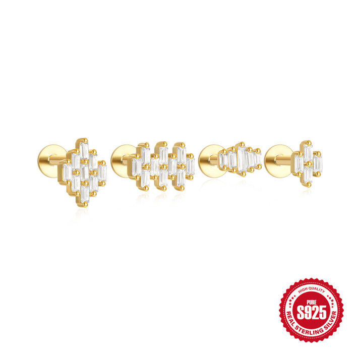 S925 Sterling Silver Geometric Square Cluster Diamond Flat Head Threaded Cartilage Piercing Earrings for Women European and American Hot Selling Ear Bone Studs