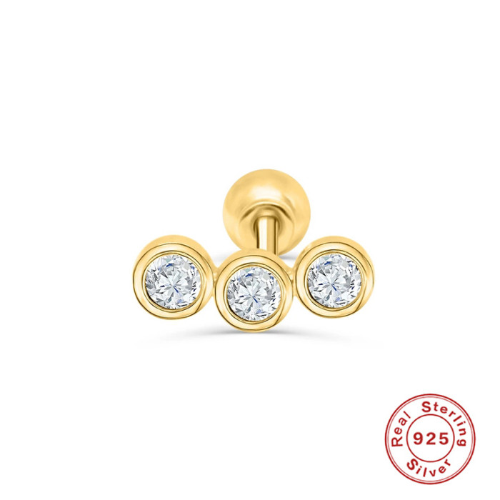 S925 Sterling Silver Three-Piece Diamond-Studded Threaded Piercing Ear Bone Stud European and American Foreign Trade Hot-Selling Screw Ball Piercing Ear Jewelry