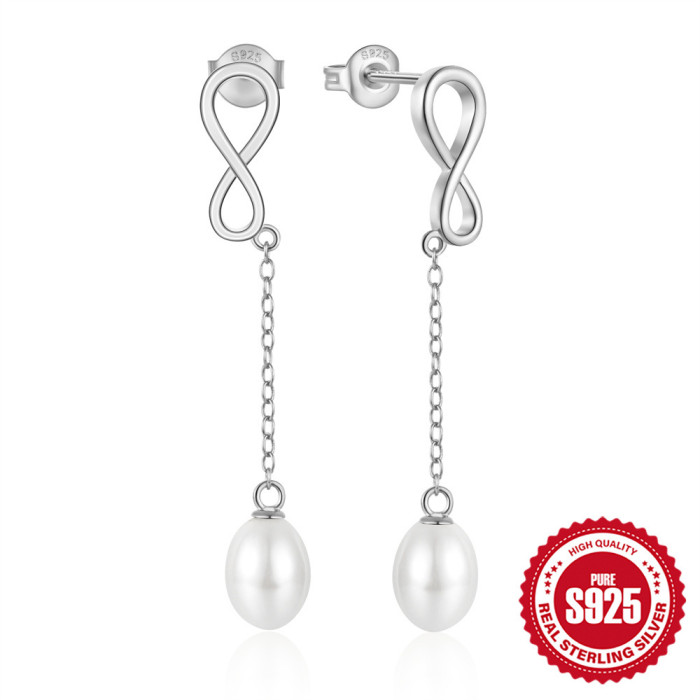 S925 Sterling Silver Pearl Tassel 8-Shaped Infinity Valentine's Day Earrings European and American Hot-Selling Creative INS Style Earrings