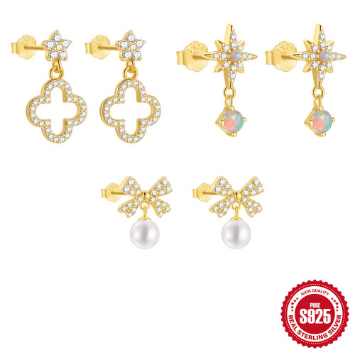 S925 Sterling Silver Classic Eight-Pointed Star Five-Petal Flower Tassel Earrings European and American Hot Selling Diamond-Studded Opal Pearl Earrings