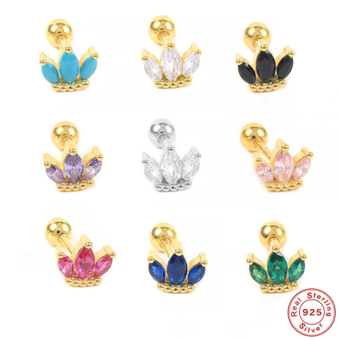 S925 Sterling Silver Small Crown Inlaid Diamond Threaded Piercing Single Earring Cross-Border Bestselling Trendy INS Ear Bone Stud
