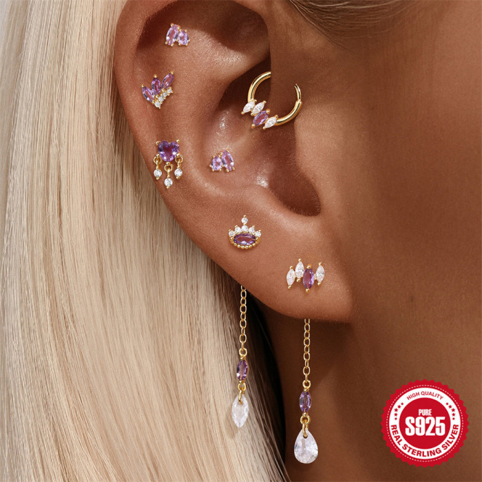 S925 Sterling Silver Natural Stone Crystal High-Grade Round Bead Threaded Piercing Tassel Ear Bone Stud European and American Hot-Selling Personality Earrings