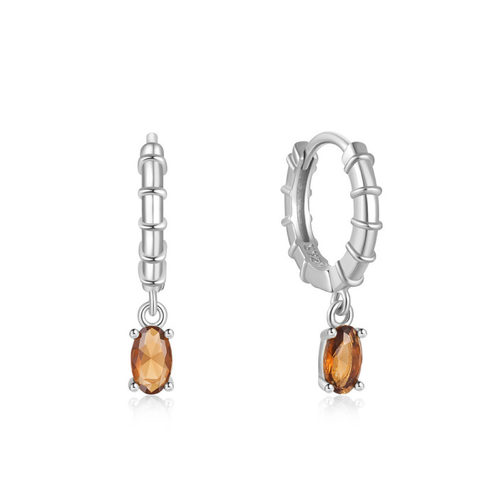 S925 Sterling Silver Egg-Shaped Zircon Colorful Stone Earrings for Women Fashion Ins Style Stone-Inlaid Hoop Earr...