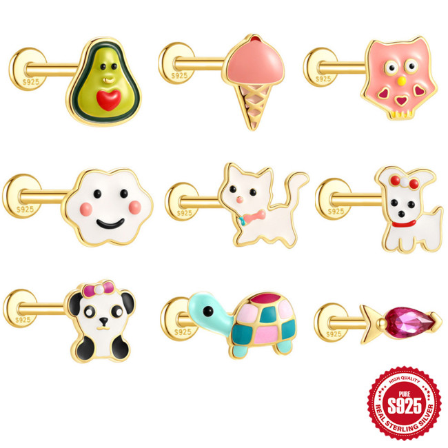 S925 Sterling Silver Cartoon Animal Oil Drop Flat Head Threaded Piercing Ear Bone Stud New Small Cute Fun Ear Jewelry