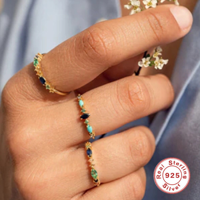 S925 Sterling Silver Creative Colorful Marquise Zircon Ring Wedding Ring Korean Style Stone-Inlaid High-end Summer...