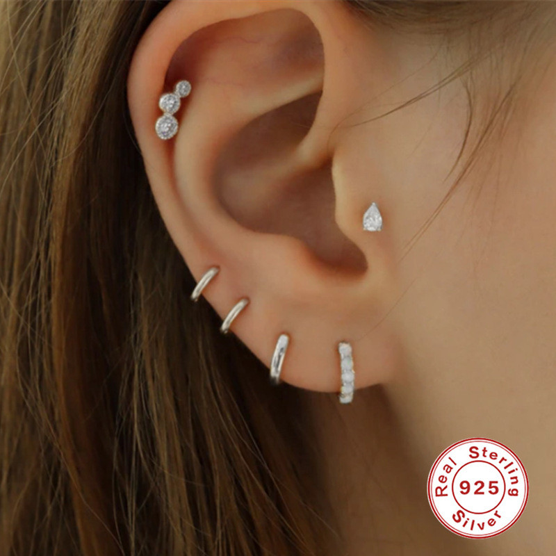 S925 Sterling Silver Water Drop Diamond-Studded Piercing Stud Earrings European and American Simple INS Flat Head Threaded Piercing Cartilage Stud Earrings