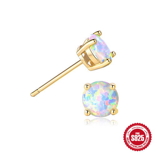 S925 Sterling Silver Earrings Classic Four-Prong Opal Australian Opal Stud Earrings European and American Fashion Ins Style Stud Earrings Earrings for Women