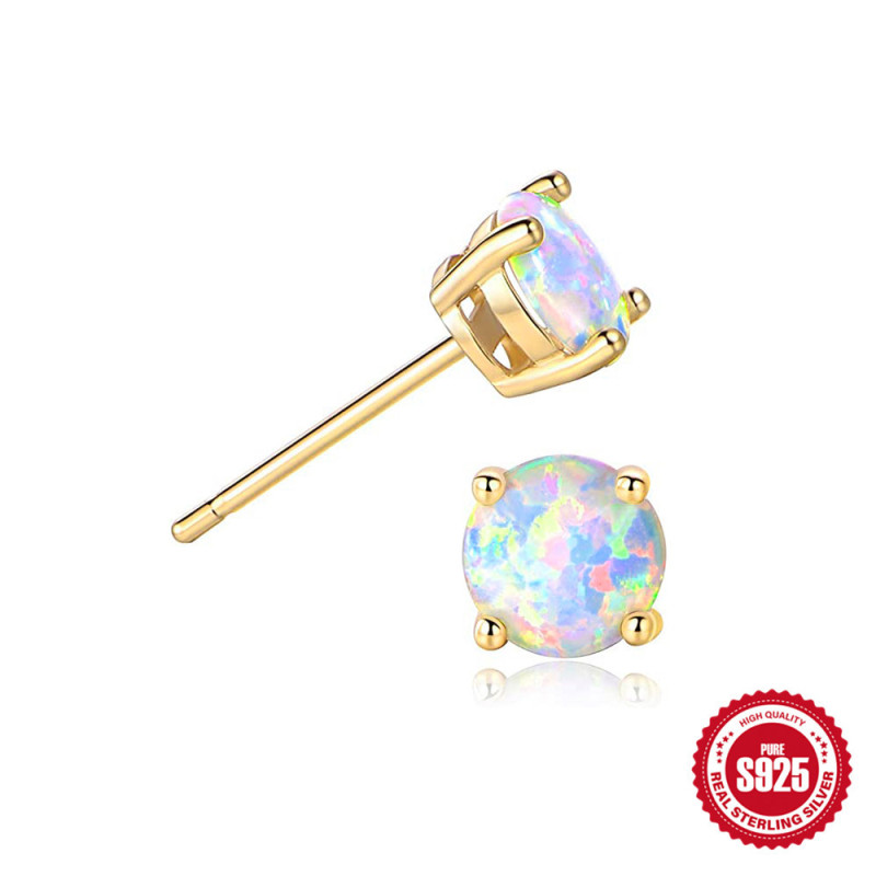 S925 Sterling Silver Earrings Classic Four-Prong Opal Australian Opal Stud Earrings European and American Fashion Ins Style Stud Earrings Earrings for Women