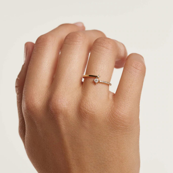 S925 Sterling Silver Single Row Stone-Encrusted Geometric Zircon Ring Index Finger Ring Korean Version Minimalist I...
