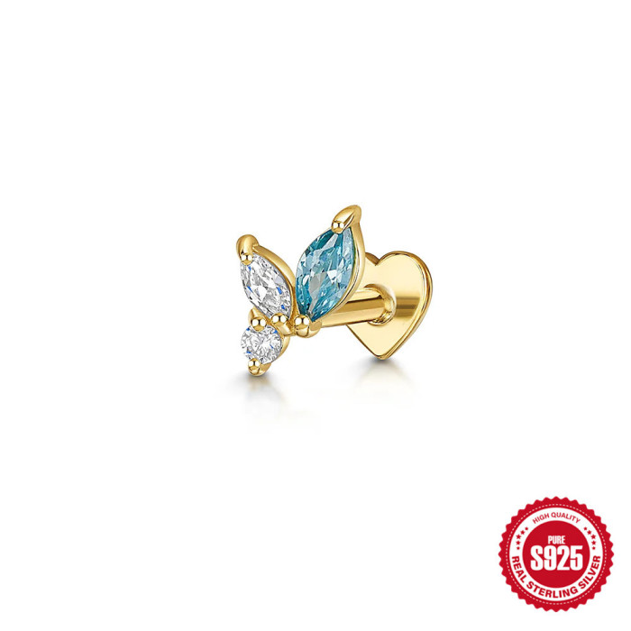 S925 Sterling Silver Horse Eye Inlaid Diamond Heart Flat Head Threaded Cartilage Piercing Ear Bone Stud European and American Cross-Border Hot-Selling Ear Jewelry