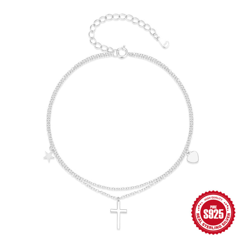 S925 Sterling Silver Double Layer Adjustable Heart-shaped Pentagram Cross Pendant Combination Versatile Anklet Internet Celebrity Same Style Foot Jewelry