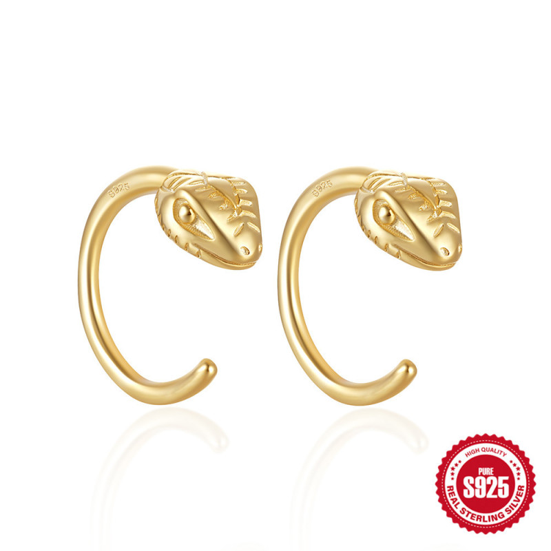 S925 Sterling Silver Fun Creative Little Snake C-shaped Ear Hook Ear Stud Ear Clip European and American Personality Trendy INS Earrings for Women