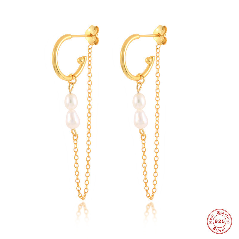 S925 Sterling Silver Irregular Pearl Baroque Chain Earrings C-shaped Hoop Earrings Stud Earrings European and American Hot-selling INS Earrings