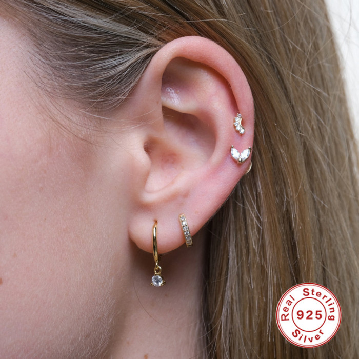 Hot Selling 925 Sterling Silver Colorful Diamond-Studded Spiral Round Bead Piercing Ear Bone Stud European and American Bestselling Cute INS Trendy Earrings