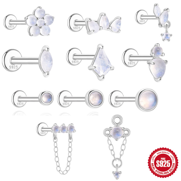 S925 Sterling Silver Inlaid Diamond Natural Moonstone Flat Head Threaded Piercing Ear Bone Stud Korean Version Niche High-end Ear Jewelry