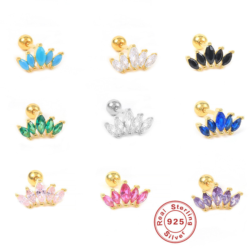 S925 Sterling Silver Single Crown Ear Bone Stud Earrings European and American Best-selling Fashion Diamond-studded Threaded Ear Piercing Women's Ear Jewelry