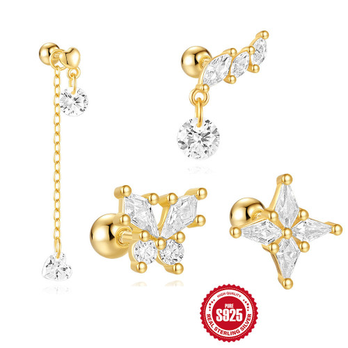 S925 Sterling Silver Heart Zirconia Round Bead Threaded Piercing Ear Bone Stud European and American Creative Marquise Butterfly Earrings