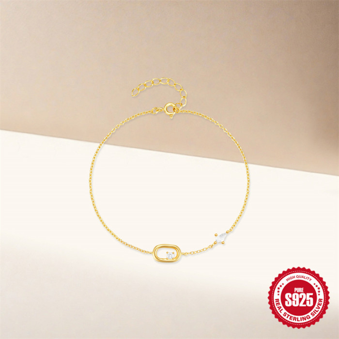 New S925 Sterling Silver Oval Geometric Zircon Inlaid Diamond Bracelet Korean Version Niche Design Sense Elegant Bracelet Jewelry