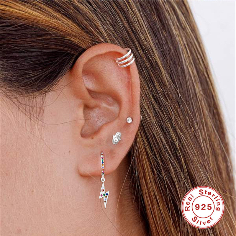 Amazon Hot-Selling S925 Sterling Silver Colorful Diamond Lightning Earrings European and American Cross-Border Personality Versatile Stud Earrings Ear Clips Ear Jewelry for Women