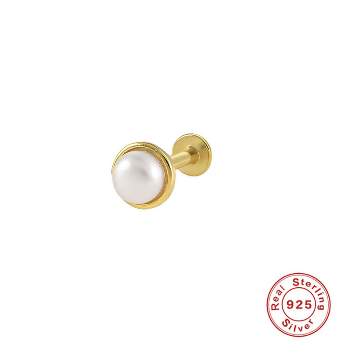 S925 Sterling Silver Geometric Diamond-Studded Pearl Ear Bone Stud Ear Cartilage European and American INS Style Flat Head Threaded Body Piercing Ear Jewelry