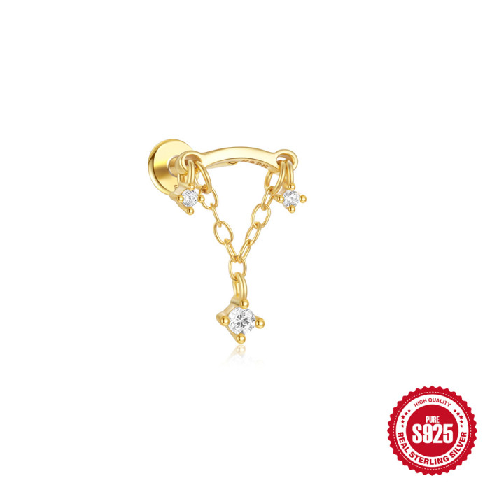 S925 Sterling Silver Inlaid Diamond Tassel Chain Flat Head Threaded Piercing Ear Bone Stud European and American Cross-Border Hot Selling INS Ear Jewelry