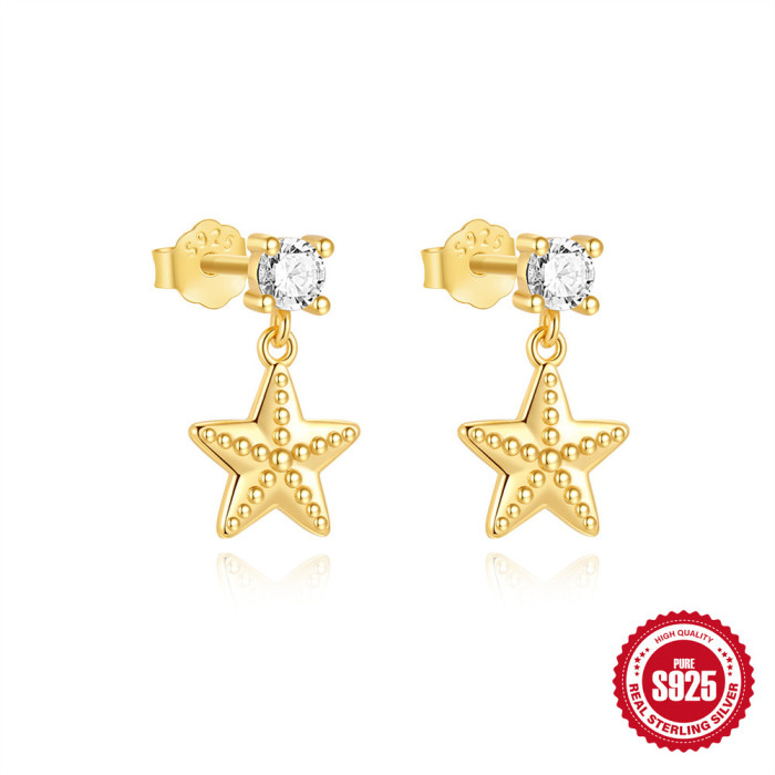 New S925 Sterling Silver Classic Star Moon Inlaid Diamond Earrings European and American Cross-Border Hot-Selling Butterfly Water Drop Versatile Earrings