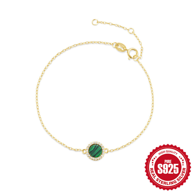 S925 Sterling Silver Classic Round Malachite Inlaid Diamond Versatile Bracelet European and American French Style Elegant Personality Simple Bracelet