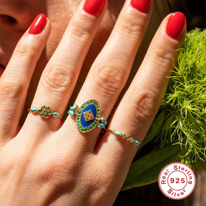 S925 Sterling Silver Turquoise Color Diamond Combination Elegant Engagement Ring Internet Celebrity Low-Key Luxury Ni...