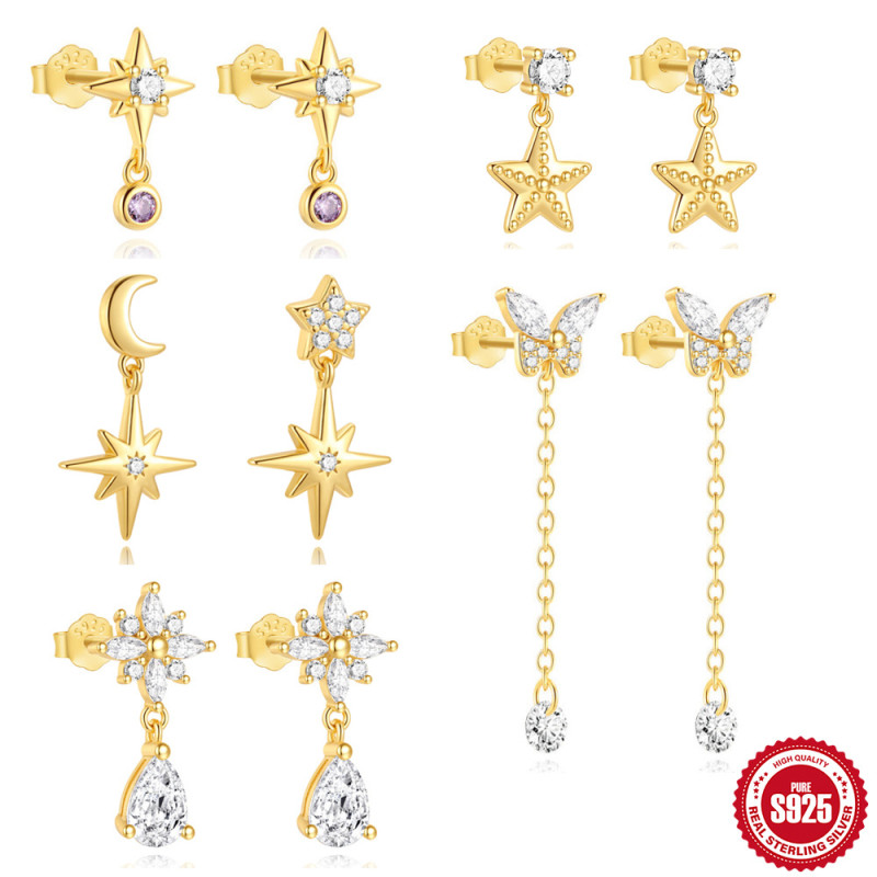 New S925 Sterling Silver Classic Star Moon Inlaid Diamond Earrings European and American Cross-Border Hot-Selling Butterfly Water Drop Versatile Earrings