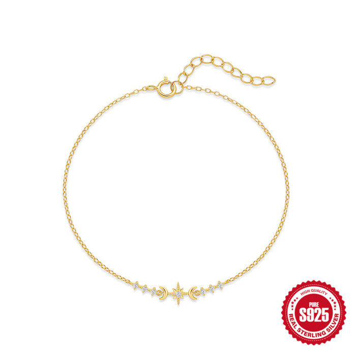 S925 Sterling Silver Classic Star Moon Inlaid Diamond Minimalist Bracelet Korean Version Niche Design INS Style Hand Jewelry Bracelet